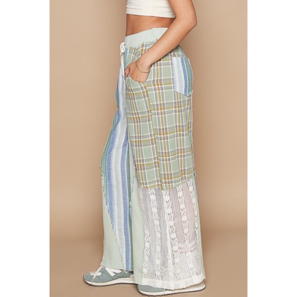POL Blue & Green Washed Cotton Plaid with Stripes Lace Leg Pants - Picture 5 of 8